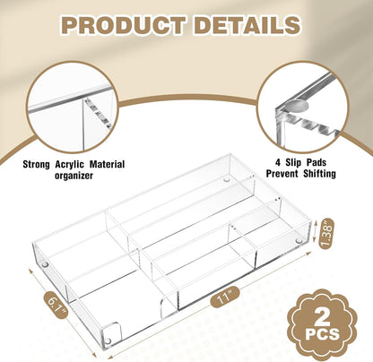 Briwooody 3 Pcs Clear Acrylic Desk Drawer Organizer 13.7 x 8.7 x 2 Inch Drawer Organizer Trays with 8 Compartments Desk Accessories for Office Makeup Silverware Bathroom