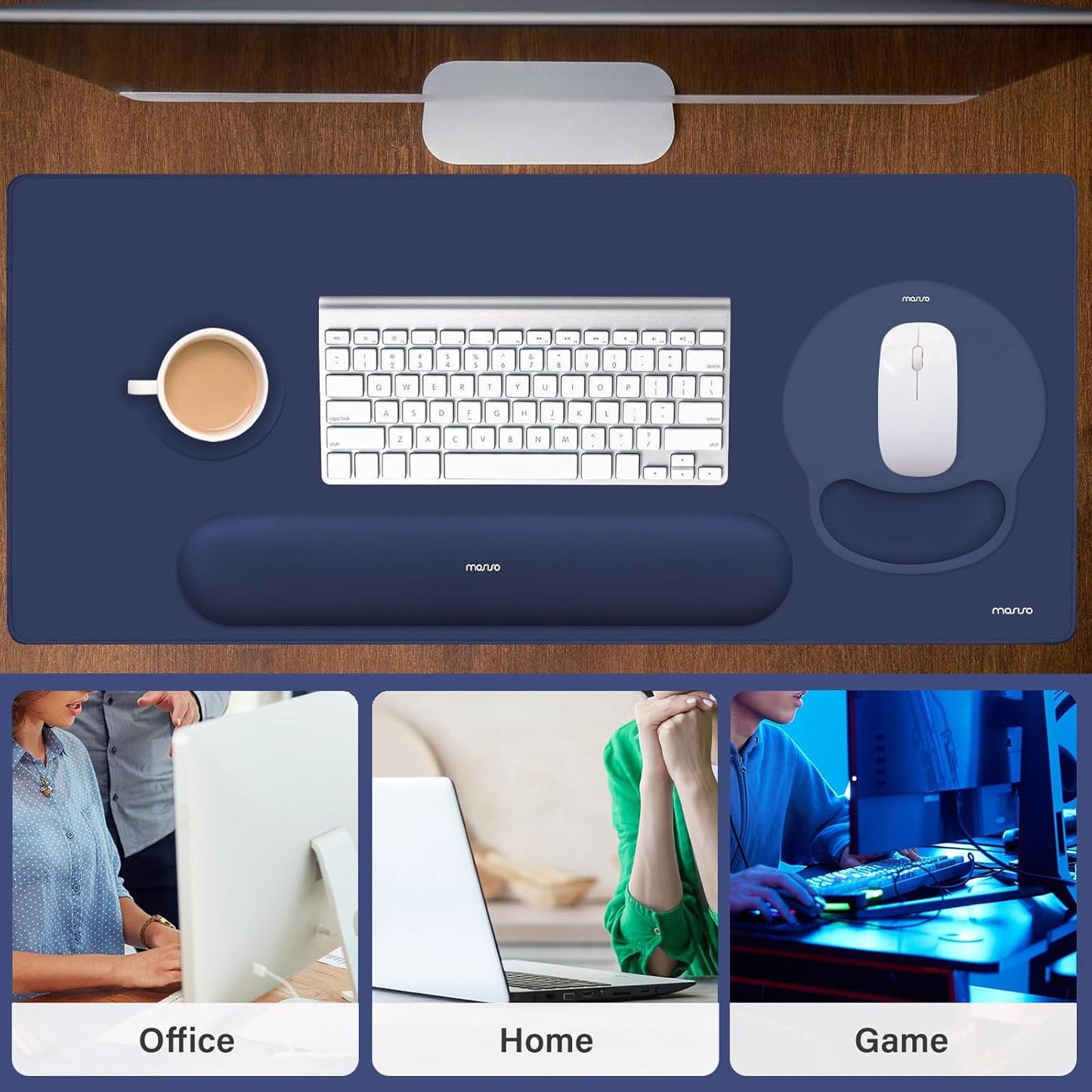 MOSISO Wrist Rest for Keyboard Mouse Pad Set, Large Gaming Deskpad&Circle Curved Mousepad&Keyboard Wrist Rest&Coaster, Ergonomic Non-Slip Mousepad&Easy Typing Pad with Silicone Lining, Apricot