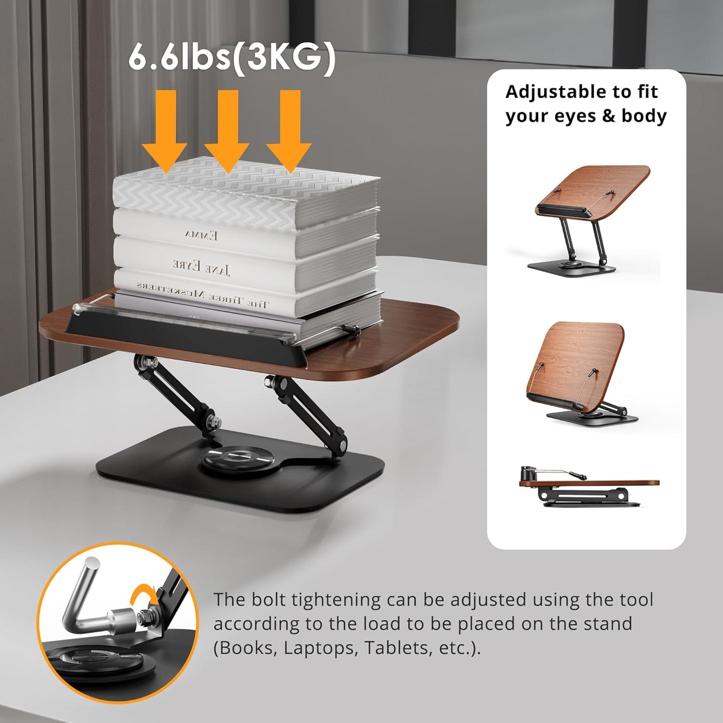 SupeDesk Book Stand for Reading, Adjustable Book Holder with 360° Rotating Bases, Foldable Designs, and Elastic Clips, Multifunctional Display Stand for Recipe, Cookbooks, Magazines, Tablets, Laptops