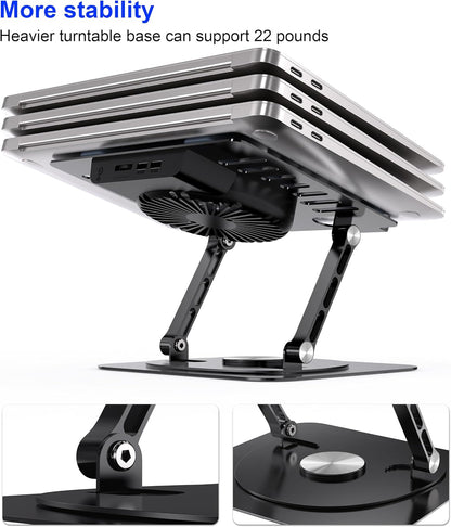 Laptop Stand,with 360°Rotating Base,External Cooling Fan,Adjustable RGB Lighting,Ergonomic Foldable Notebook Computer Holder.Compatible with All 10-17" Laptops Tablets,Silver