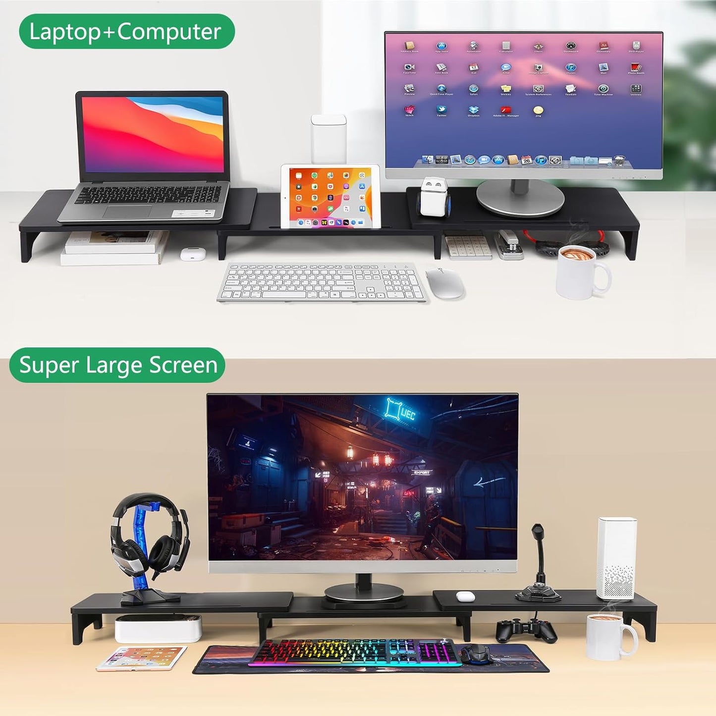 Nnewvante Monitor Stand Riser, 60 inch Large Bamboo Dual Monitor Stand for Desk, 3 Shelves Desktop Screen Riser with Adjustable Length Angle for Computer Laptop PC