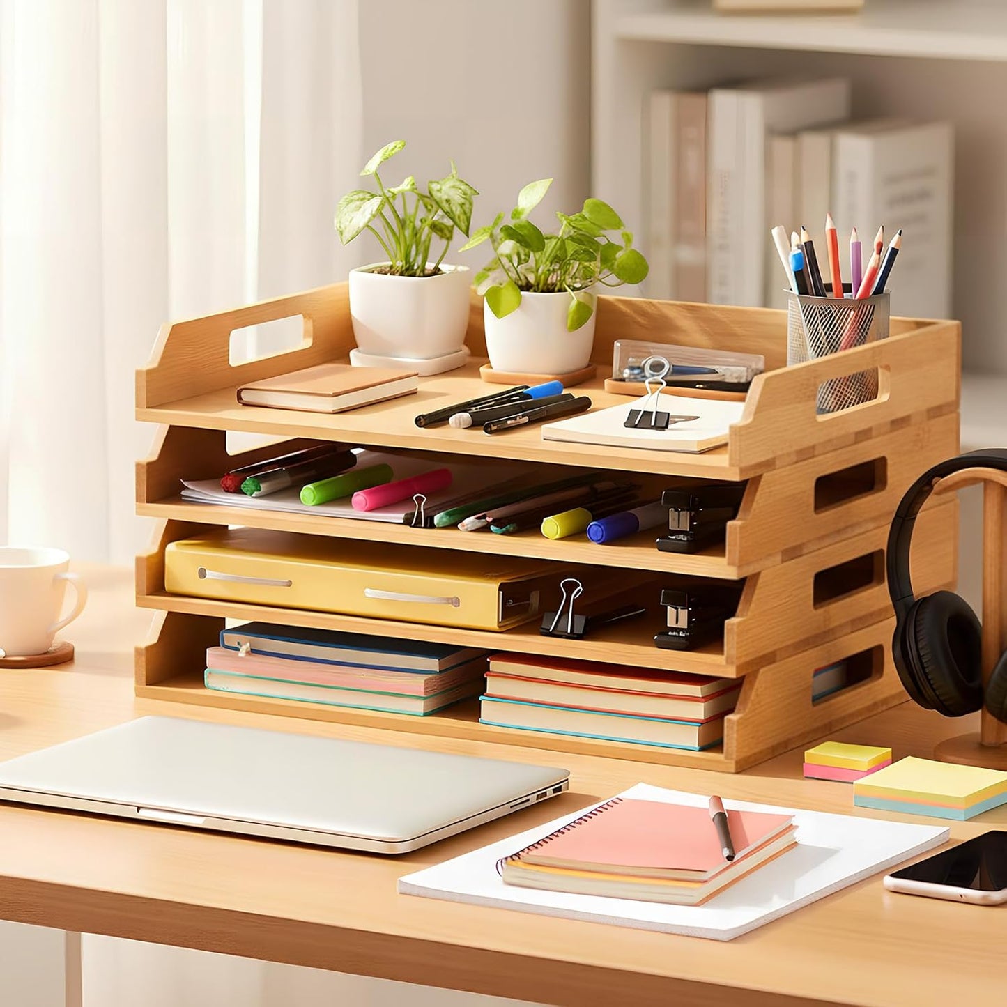 AceOrbit 6 Pcs Stackable Paper Tray Bamboo Wood Desk Organizer Letter Tray 6 Tier Wooden File Organizer Desk Shelf for Documents, Letter Sorter, Envelopes and Magazine Holder