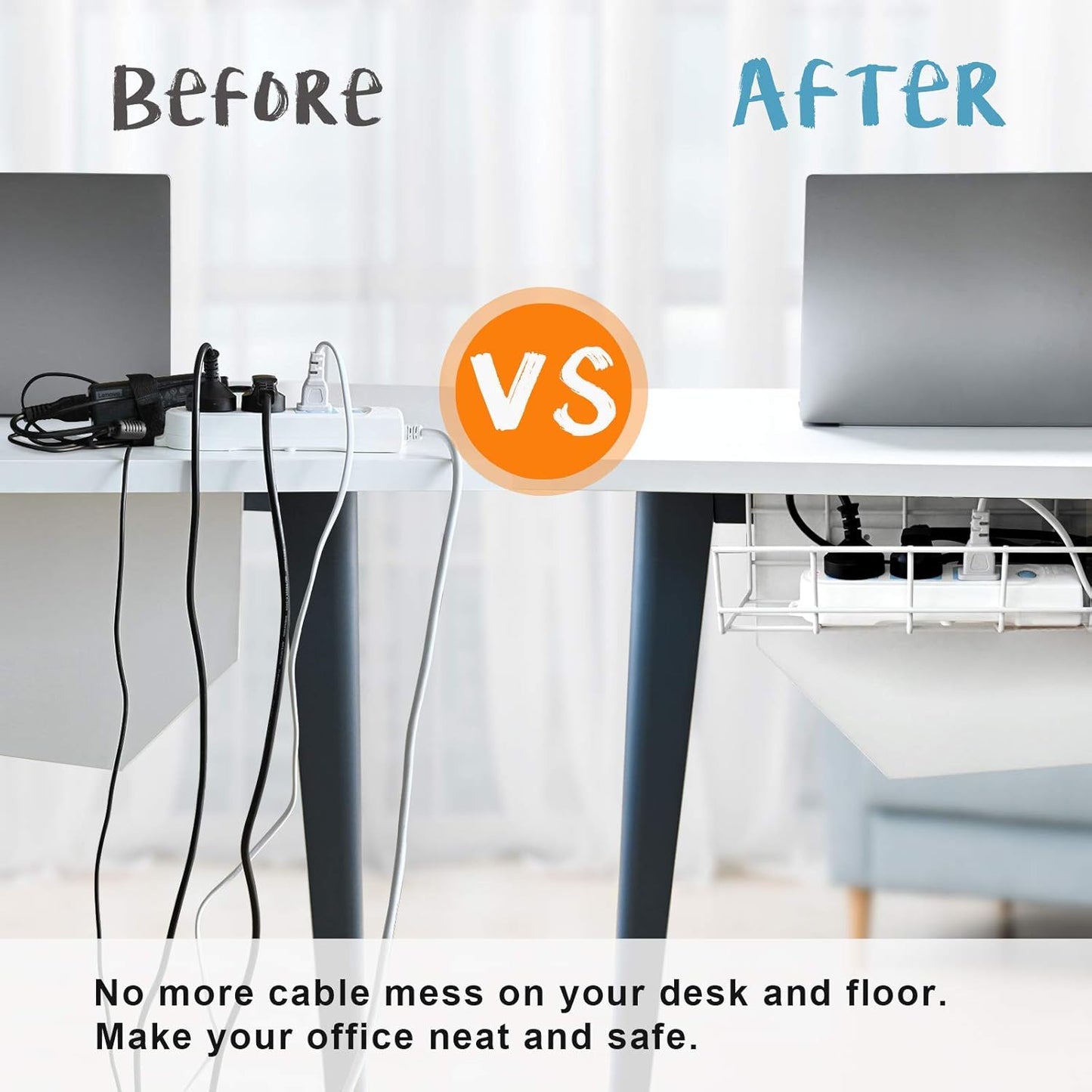 Under Desk Cable Management- 2 Pack Cord Organizer. Metal Wire Cable Management Tray for Office, Studio and Home. Super Sturdy Under Table Cable Management - Black Cable Organizer