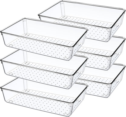 6 Pack Drawer Organizers, Plastic Clear Acrylic Non Slip Non Cracking kitchen drawer organizer Stackable Bathroom Drawer Organizer Trays, Storage Bins for Makeup, Bathroom, Kitchen Office