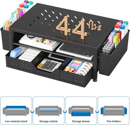 OPNICE Desk Organizer and Accessories, 2-Tier Computer Monitor Stand Riser with Drawer and 2 Pen Holders, Laptop Stand, Office Desk Accessories for Office Supplies, Black