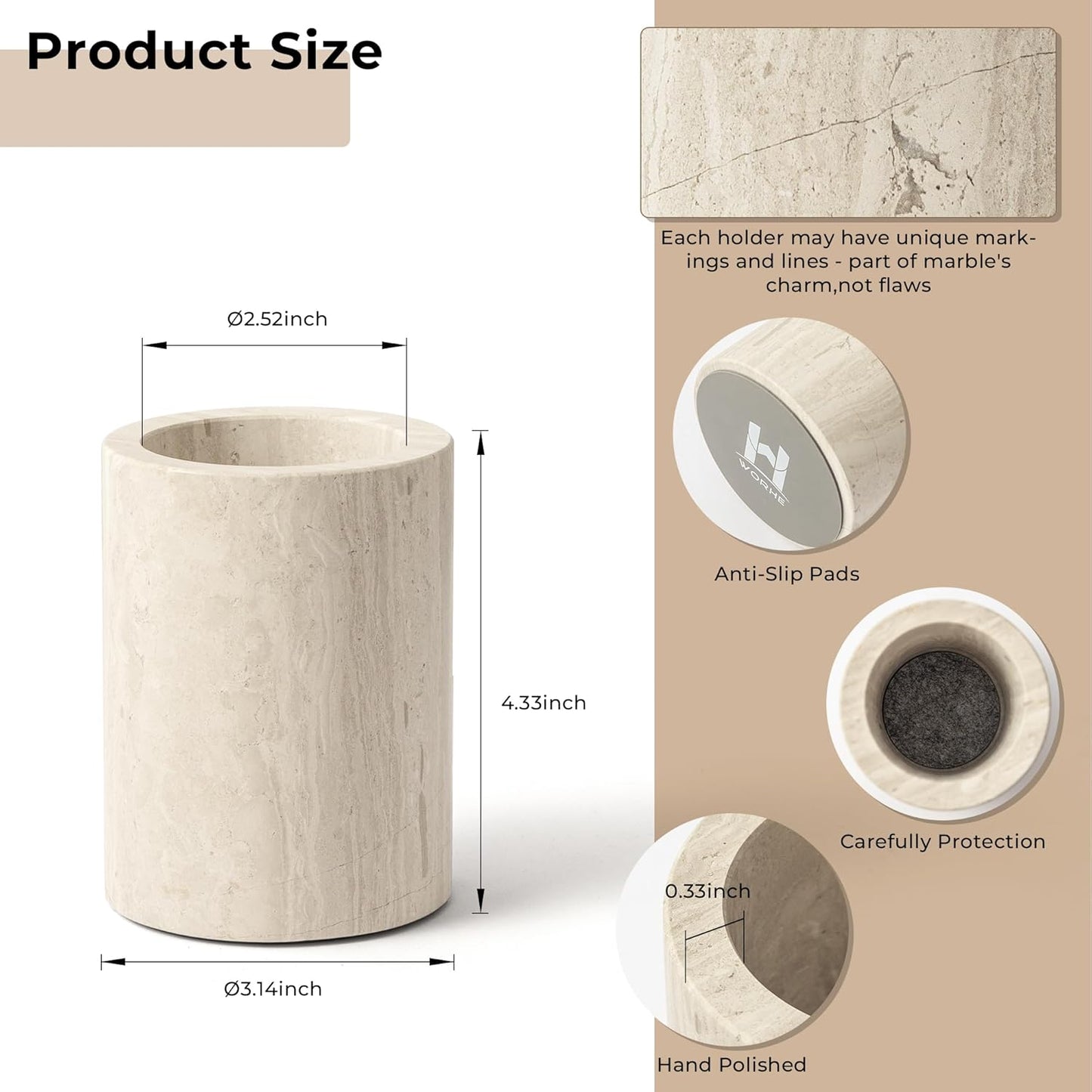WORHE Pen Holder Stand Italy Natural Premium True Marble Makeup Brush Holders, Tableware Organizer Desk Pencil Cup for Home Office School Decor Dark Grey (DL012)
