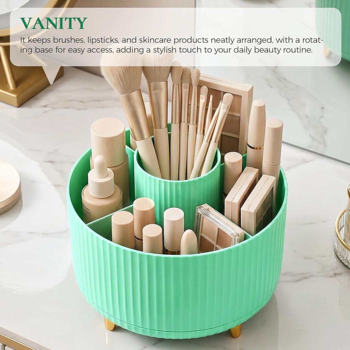 KONVINIT Pencil Pen Holder for Desk, 5 Slots 360 - Degree Rotating Desktop Organizer, Cute Desk Organizers and Accessories for School, Home, Office and Art Supply, Beige