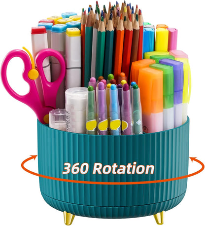 Marbrasse Desk Organizer, 360-Degree Rotating Pen Holder, Desk Organizers and Accessories with 5 Compartments Pencil Holder, Art Supply Storage Box Caddy for Office, Home（White）