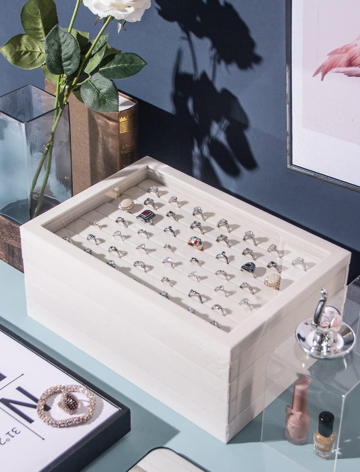 Coward Stackable Jewelry Trays Organizer Set with Clear Lid, Trays for Drawer, Earring Necklace Bracelet Ring Display Organizer (beige(ring+12girds+30girds+The glass lid))