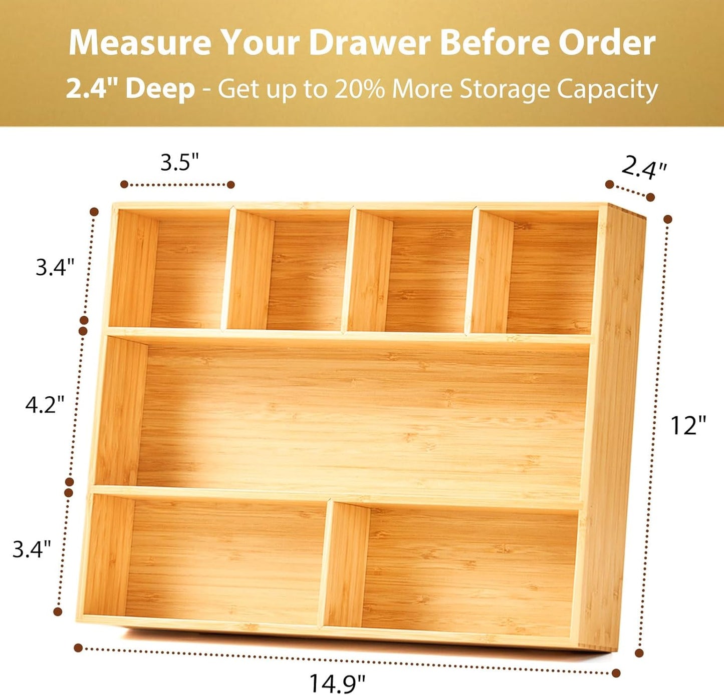 Umilife Bamboo Desk Drawer Organizer, Wood Junk Organizer Tray with Adjustable Dividers, Anti-Skip Storage Organization in Office Bathroom Drawer for Vanity, Makeup, 12" x 9"