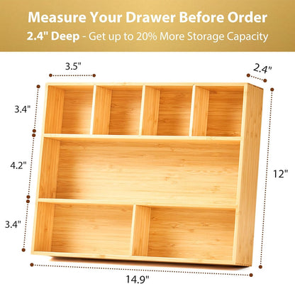 Umilife Bamboo Desk Drawer Organizer, Wood Junk Organizer Tray with Adjustable Dividers, Anti-Skip Storage Organization in Office Bathroom Drawer for Vanity, Makeup, 12" x 9"