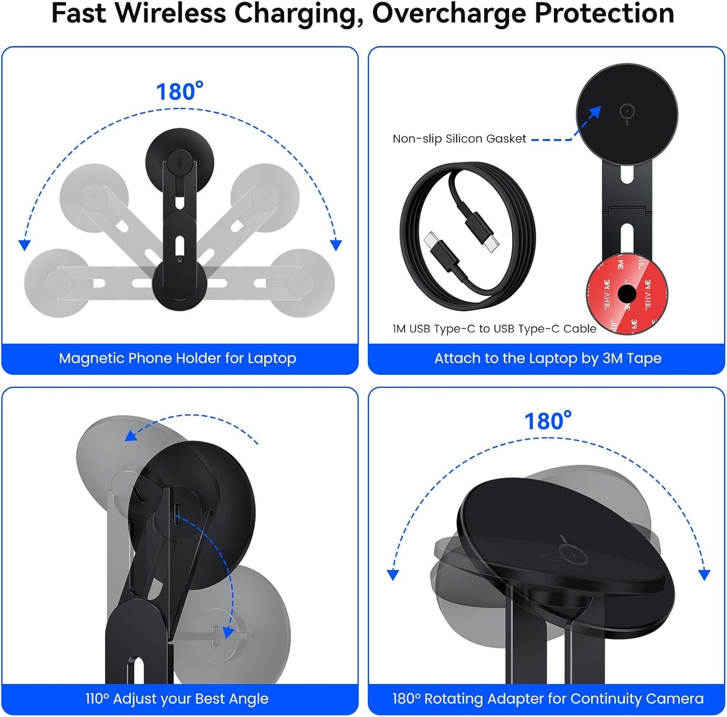 Laptop Phone Holder, Magnetic Phone Stand 15W Fast Wireless Charger for MagSafe for iPhone 17/16/15/14/13/12 & All Phones for Tesla (Black)