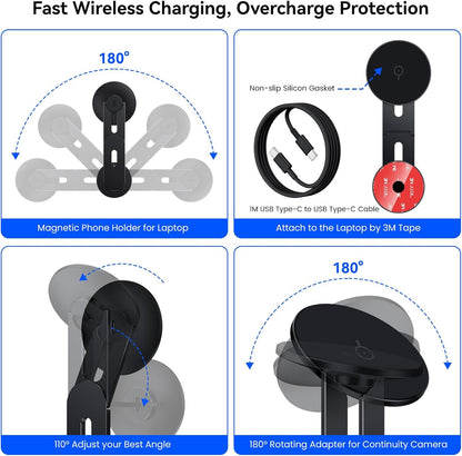 Laptop Phone Holder, Magnetic Phone Stand 15W Fast Wireless Charger for MagSafe for iPhone 17/16/15/14/13/12 & All Phones for Tesla (Black)