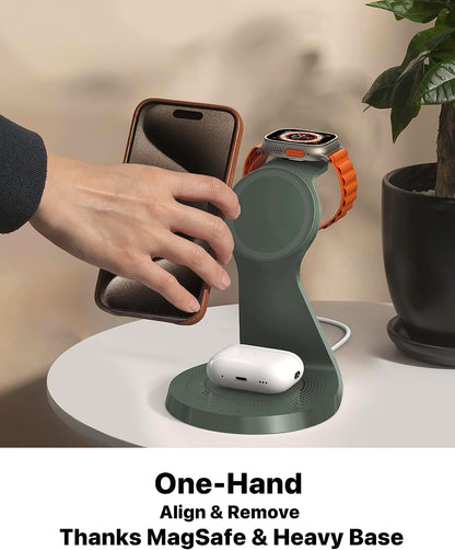 3 in 1 Charging Station for Apple Devices,Mag-Safe Charger Stand Fast Charging,Wireless Charger for iPhone 16/15/14/13/12 Series,& AirPods,& iWatch(USB-C Charger Included)