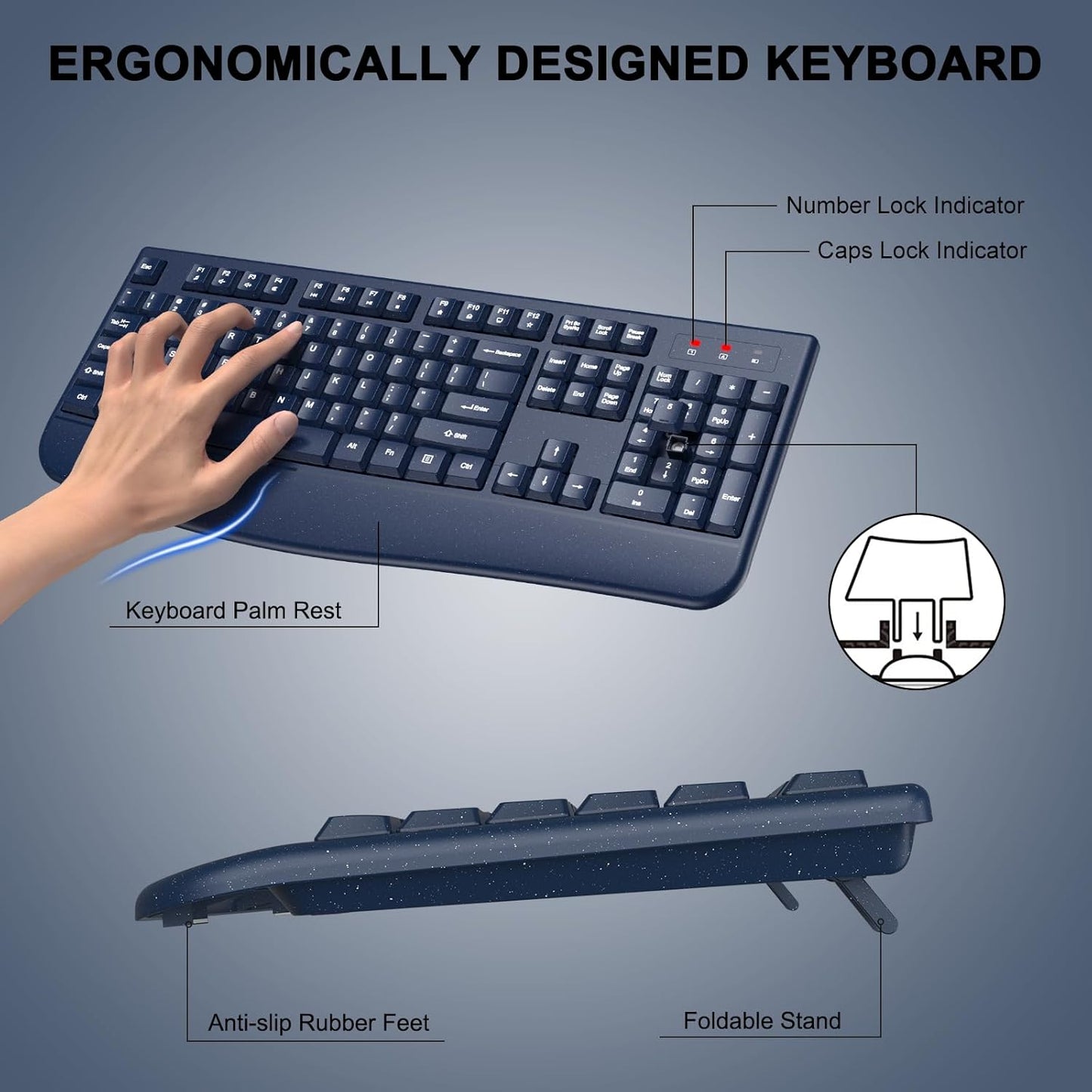 Wireless Keyboard and Mouse Combo, 2.4G Full Size Wave Keys Ergonomic Keyboard with Wrist Rest and 3-Level DPI Adjustable Wireless Ergonomic Mouse for Windows, Mac OS Desktop/Laptop/PC(Black)