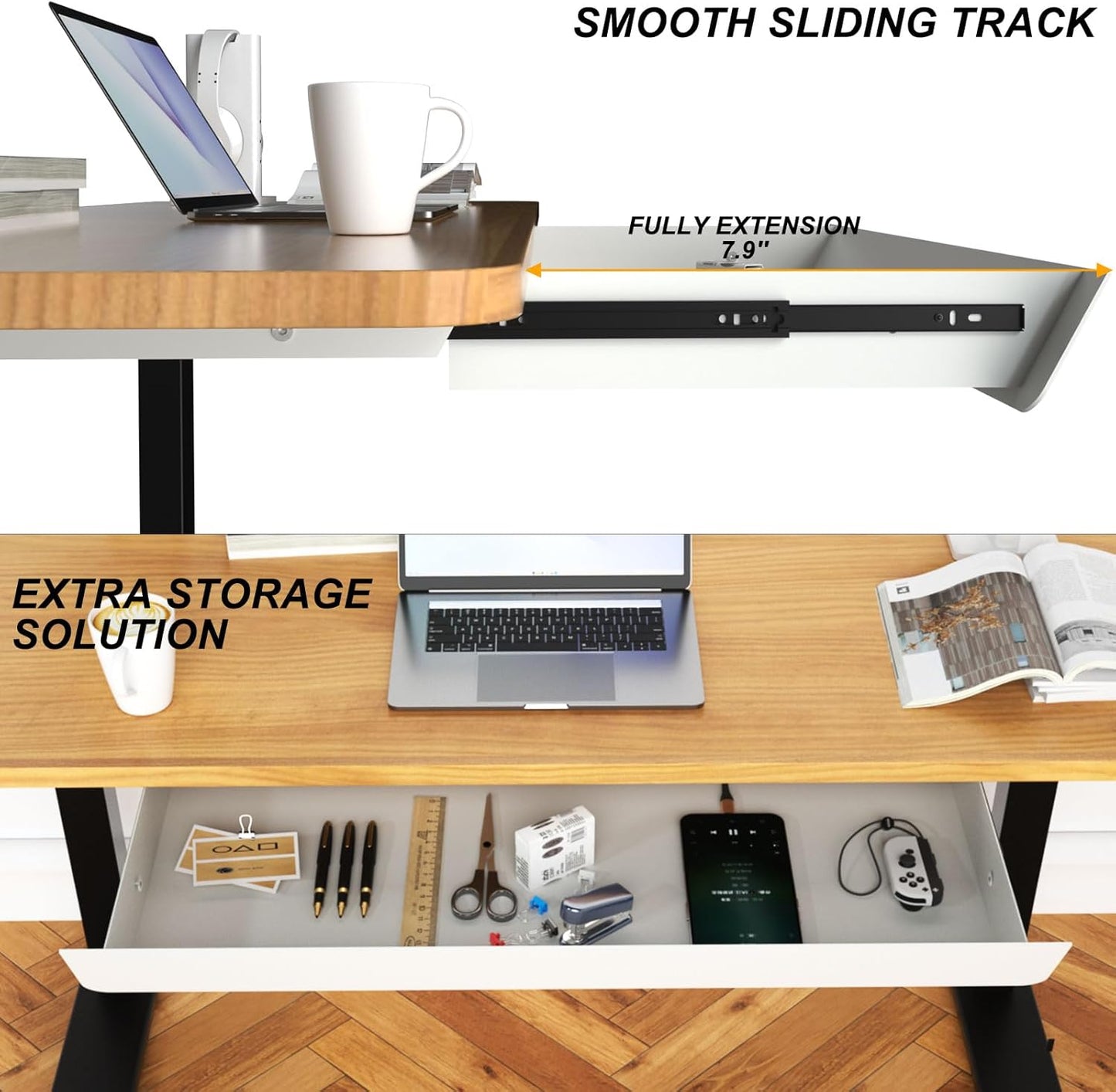 Under Desk Mounted Sliding Drawer with 60 Degree Tilt Panel to Pull Out, 15'' Long & 9'' deep Large Storage Organizer for Sit Stand Workstation