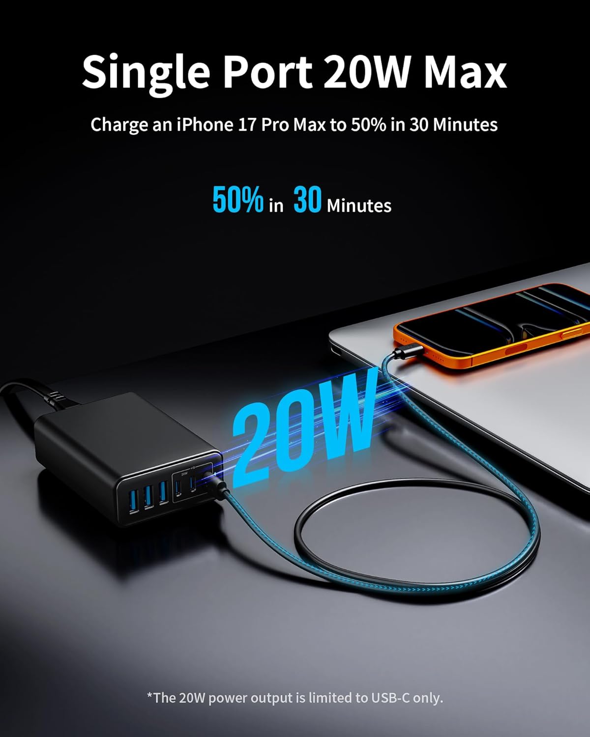 105W USB C Fast Charger, 6-Port Desktop GaN USB Charging Station Hub, USB C Charger Block Wall Charger for iPhone 17/16/15/14/13/12/11, iPad, Samsung and More (Cable Organizer Included)