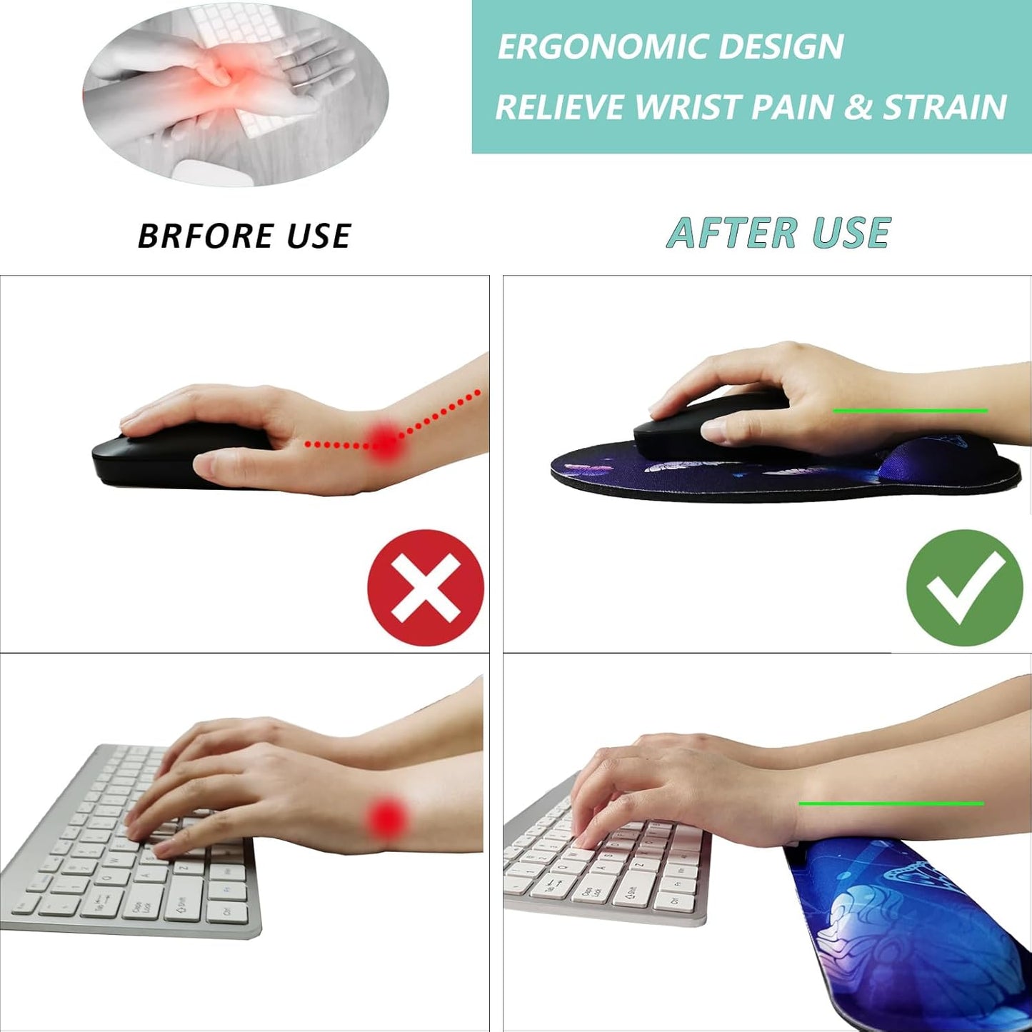 Keyboard Wrist Rest Pad Mouse Pad with Wrist Support Set of 3, Mousepad with Non-Slip Rubber Base, Ergonomic Memory Foam Mouse Wrist Cushion Support for Home Office Laptop Computer, Flower Black
