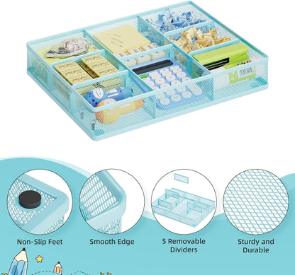 Marbrasse Desk Drawer Organizer, Metal Mesh Drawer Organizer Tray with 5 Adjustable Compartments,Desk Organizers and Accessories for Home,Office,Kitchen,Makeup,Vanity (Black)