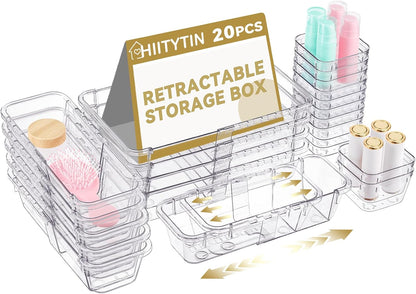 14 Pcs Adjustable Clear Drawer Organizer, Extendable Vanity Storage Bins, Desk Drawer Organizer Set for Makeup, Cosmetics, Bedroom, and Gadgets, Purple