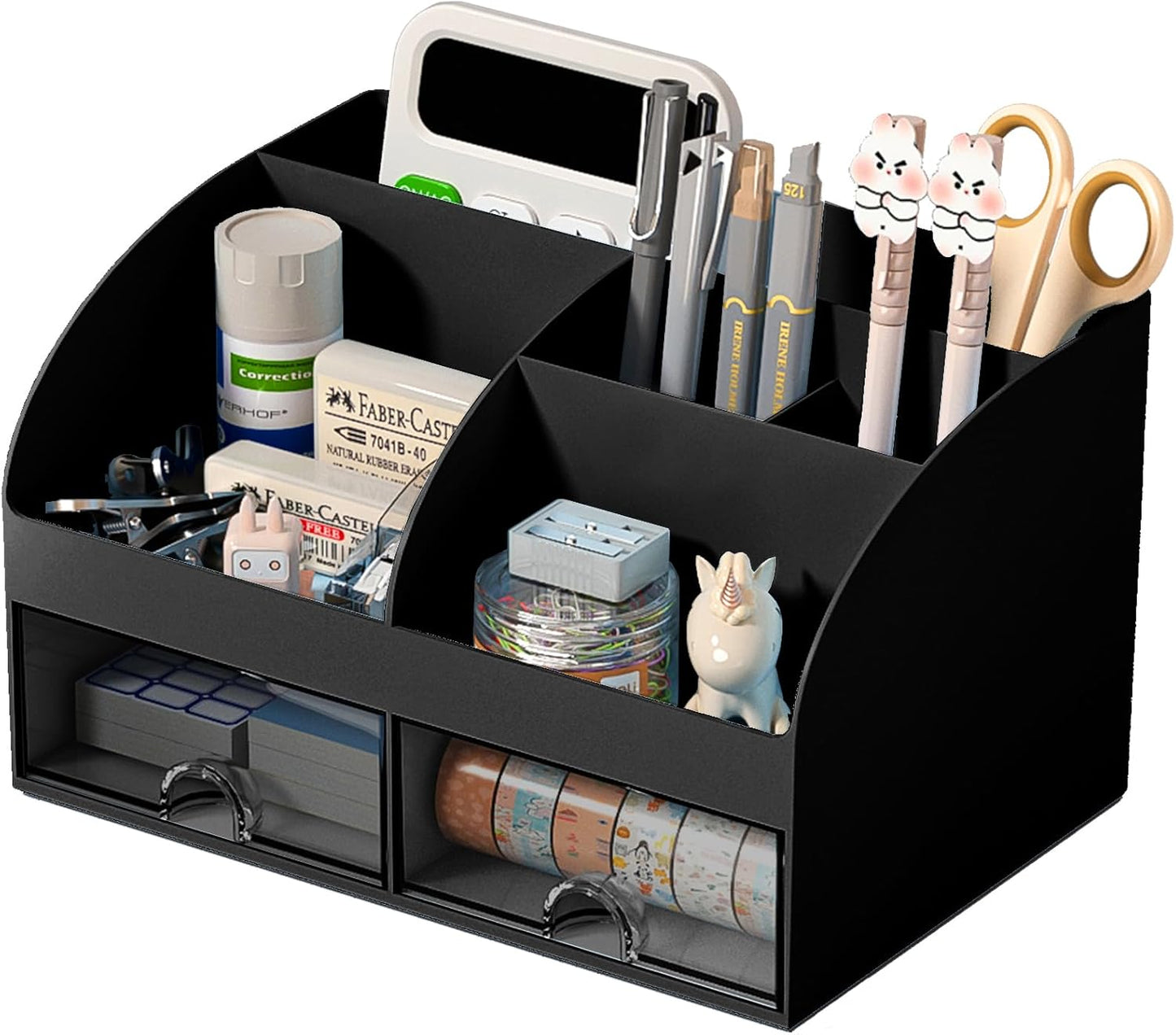 COMFYROOM Desk Organizer with 6 Compartments and 2 Drawers, Plastic Makeup Organizer, Pen Holder for Desktop Storage, Desk Organization for School, Home, Office Supplies (White)