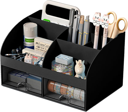 COMFYROOM Desk Organizer with 6 Compartments and 2 Drawers, Plastic Makeup Organizer, Pen Holder for Desktop Storage, Desk Organization for School, Home, Office Supplies (White)