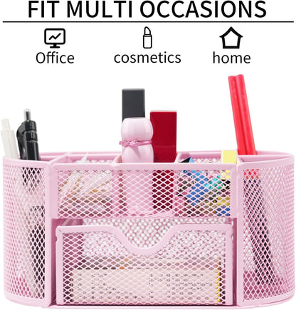 Newkita Desktop Organizer with Pencil Pen Holder and Accessories Offering 8 Compartments and 1 Drawer for Home, School and Office. (Cherry Blossom Pink)