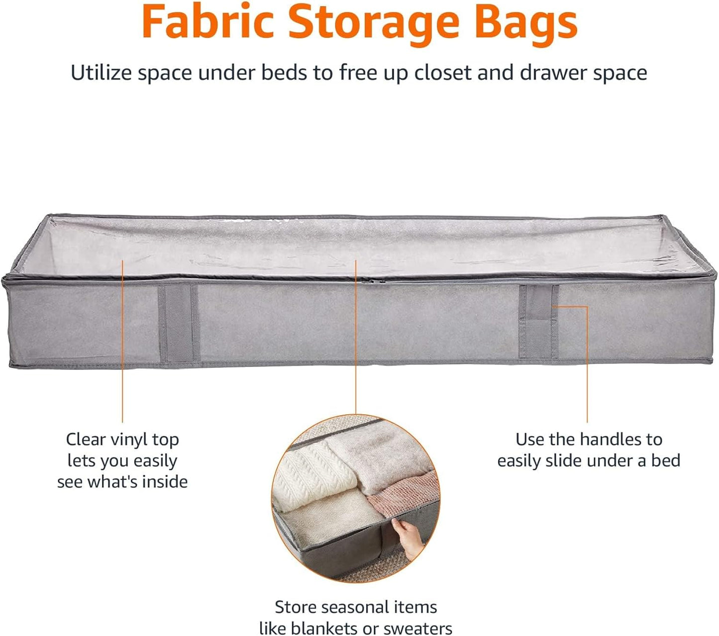 Amazon Basics Under Bed Storage Bags for Clothes and Blankets, Foldable Fabric Zipper Container with Clear Window and Reinforced Handles, Space Saving, 18 x 42 x 6 inches, Gray, 2-Pack