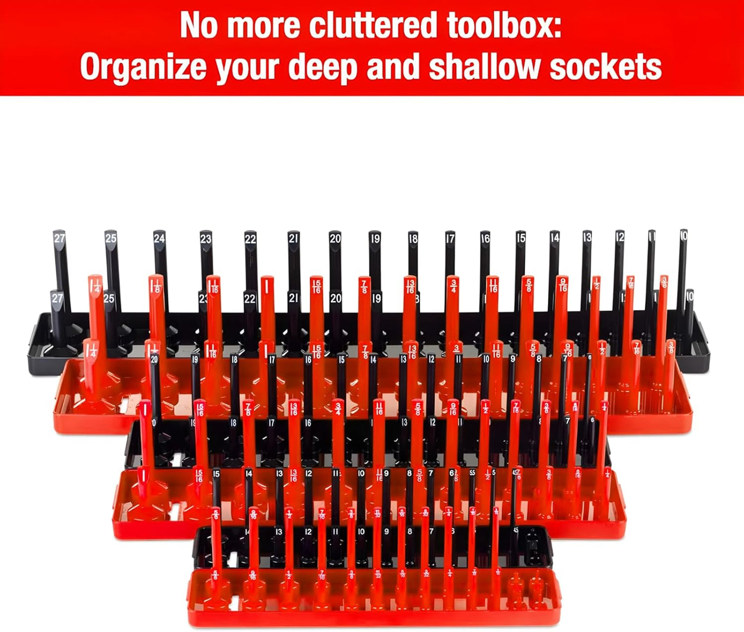AIUITIO 6PCS Socket Organizer Tray Set, Red SAE & Black Metric Socket Storage Trays, 1/4-Inch, 3/8-Inch & 1/2-Inch Drive Deep and Shallow Socket Holders for Toolboxes