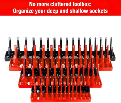 AIUITIO 6PCS Socket Organizer Tray Set, Red SAE & Black Metric Socket Storage Trays, 1/4-Inch, 3/8-Inch & 1/2-Inch Drive Deep and Shallow Socket Holders for Toolboxes