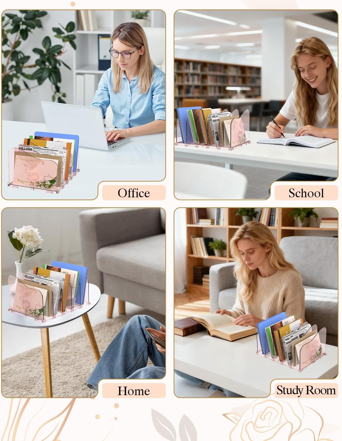 Adjustable Rose File Organizer for Desk, Vertical File Folder Holders for Magazines, Upright Desktop Binder Organizer, Clear Paper Bookshelf Divider File Sorter for School Office Supplies