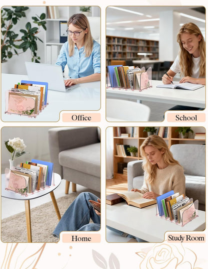 Adjustable Rose File Organizer for Desk, Vertical File Folder Holders for Magazines, Upright Desktop Binder Organizer, Clear Paper Bookshelf Divider File Sorter for School Office Supplies