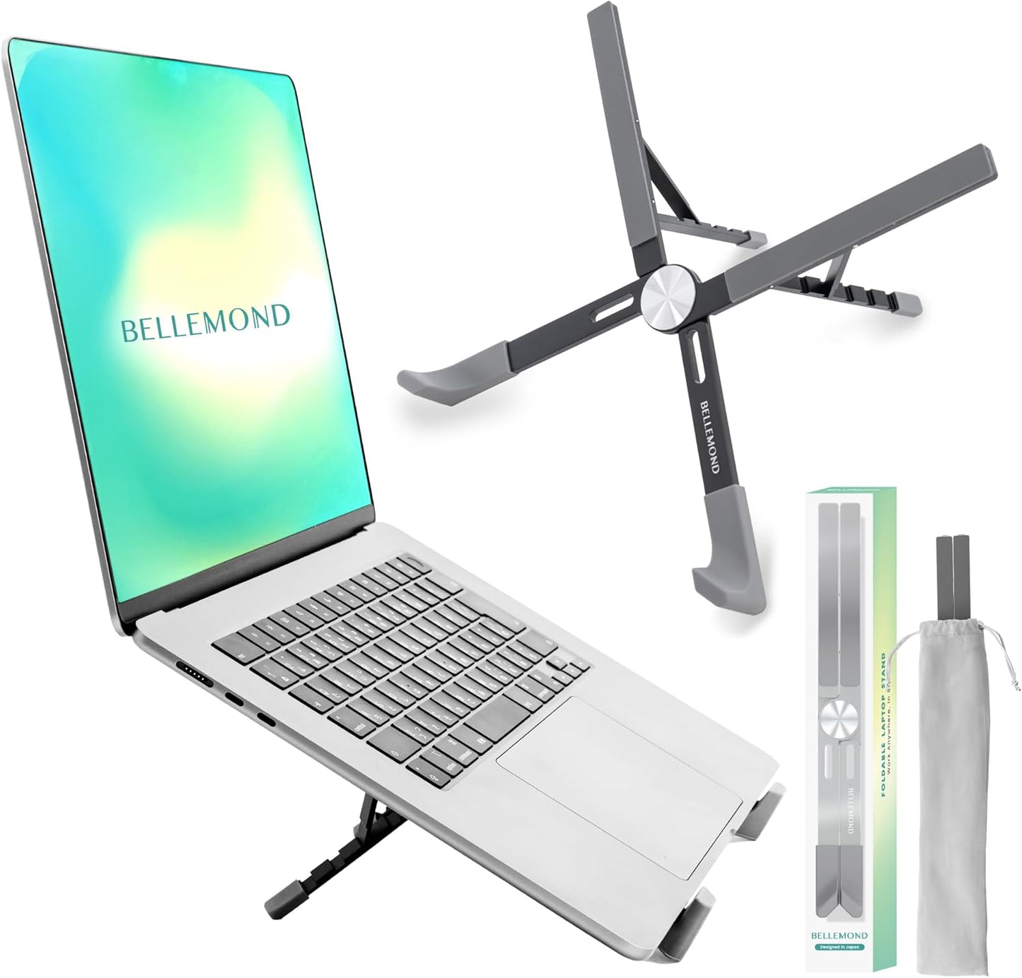 BELLEMOND Foldable Portable Laptop Stand | Ultralight Travel Riser | X-Frame Adjustable Aluminum | Fits MacBook, Dell, HP, Lenovo 10-17.3" | Carry Pouch | Space Silver