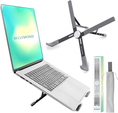 BELLEMOND Foldable Portable Laptop Stand | Ultralight Travel Riser | X-Frame Adjustable Aluminum | Fits MacBook, Dell, HP, Lenovo 10-17.3" | Carry Pouch | Space Silver