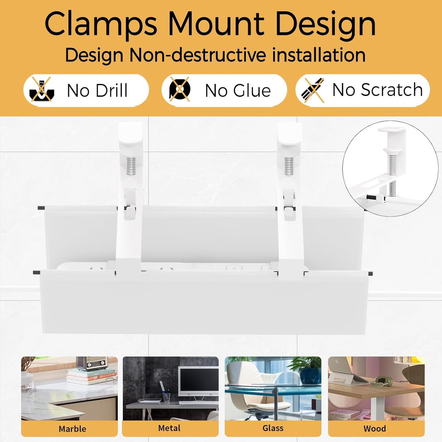 Under Desk Cable Management Tray 27.2" - No Drill Computer Wire Organizer Cable Tray, Cord Hider Clamp Mount with 16X Cable Ties PC Cables Management Cord Holder for Office/Home (Upgrade Fabric,White)