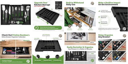 Pristine Bamboo Expandable Drawer Organizers for Kitchen - Extra Deep Non-Slip 17” x 14.6” (expands up to 25 inches) - Dark Wooden Silverware Divider (10 Compartments) – Organize Cooking Utensils