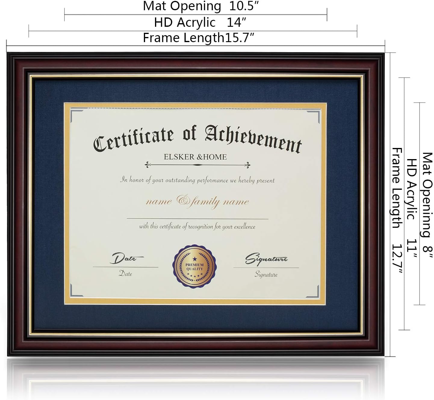 ELSKER&HOME Diploma Frame - Wide Solid Wood Frame - Black Velvet Golden Rim Mat - Semi-Tempered Glass - Includes Hanging Hardware and Desktop Easel(ONLY Display 11×14 Document/Certificate)