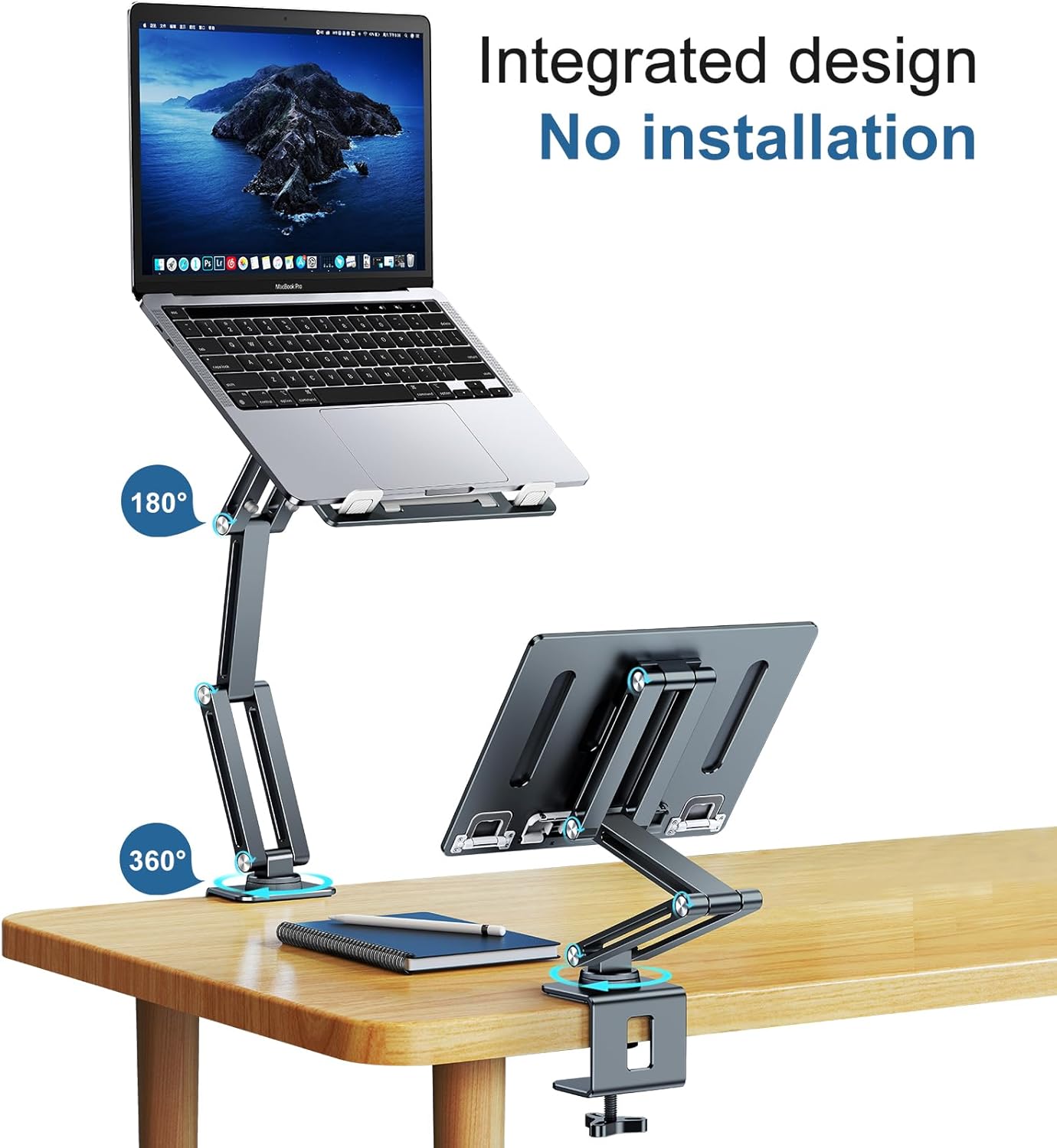 Laptop Mount for Desk, Tablet Arm Mount with 360° Rotating, Aluminum Laptop Tray Adjustable, Foldable Computer Stand/Holder, Fit for 11-15 Inch Laptops (Silver)