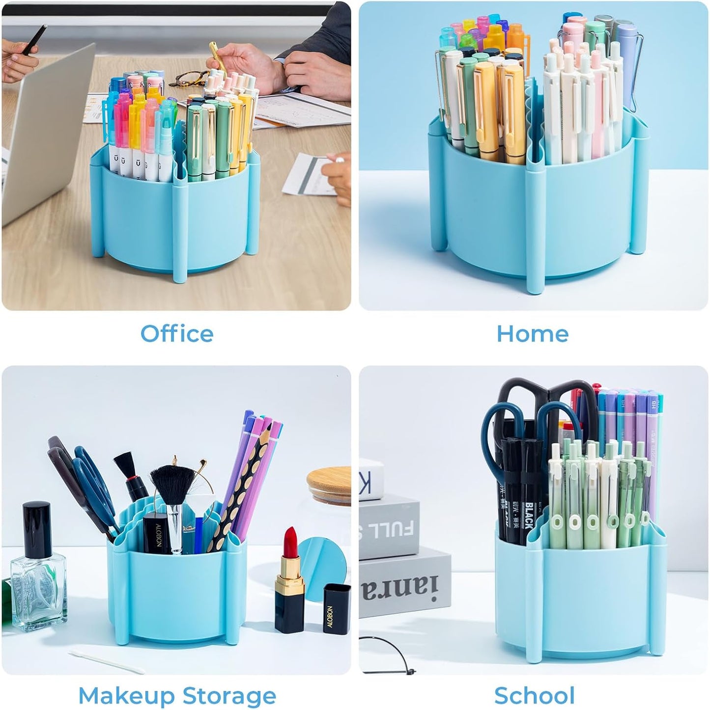 M&G 360 Degree Rotating Desk Organizer, 4 Slot Pencil Holder with Stickers, Multi-Purpose Cute Pen Pencil Cup for Make Up Brush Office School Home (Blue)