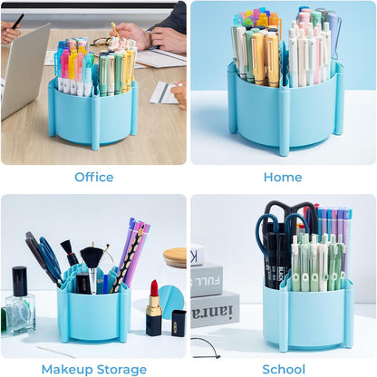 M&G 360 Degree Rotating Desk Organizer, 4 Slot Pencil Holder with Stickers, Multi-Purpose Cute Pen Pencil Cup for Make Up Brush Office School Home (Blue)