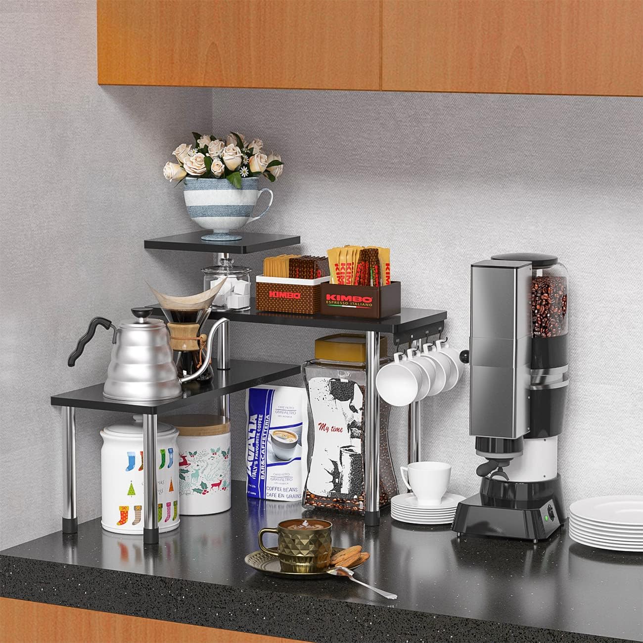 ZHWS Kitchen Countertop Organizer Spice Rack for Salt, Bathroom Counter Organizer Over Sink for Makeup, Skincare, Adjustable 3-Tier Corner Counter Shelf with 4 Hooks for Coffee Bar Dresser Table