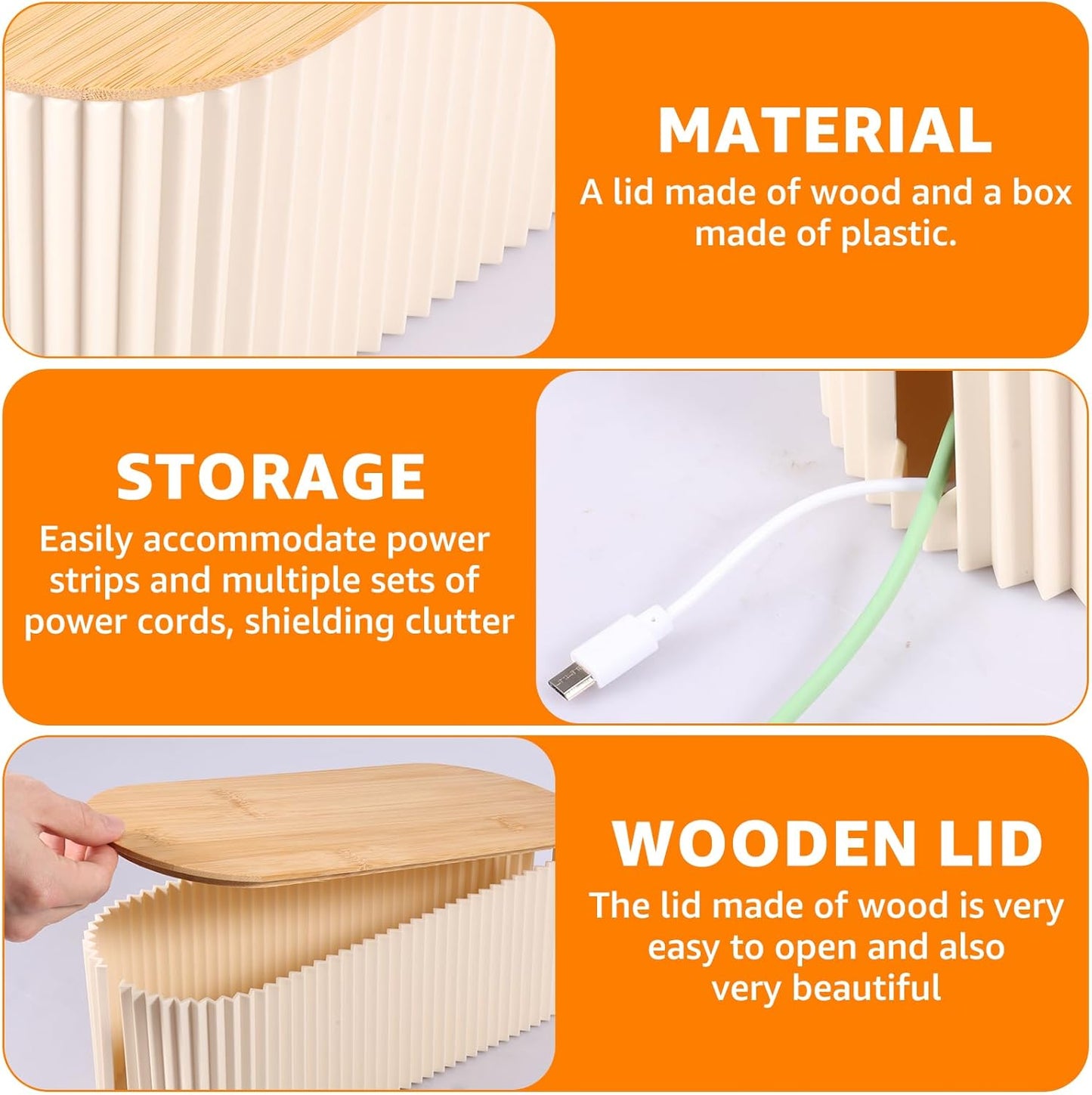 2Pcs Cable Management Box, 13 × 5.12 × 4.33 inch Plastic Cord Hider Box with Wood Lid, Hidden Storage Cord Organizer Box, Ample Internal Space Power Strips Cover Easy Access for Home Office
