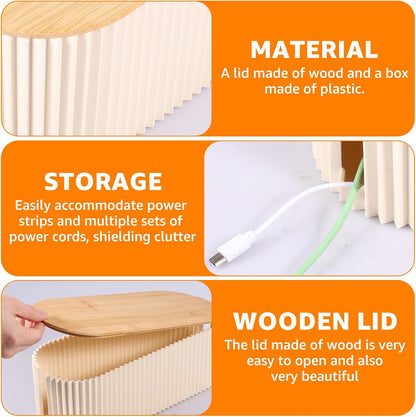 2Pcs Cable Management Box, 13 × 5.12 × 4.33 inch Plastic Cord Hider Box with Wood Lid, Hidden Storage Cord Organizer Box, Ample Internal Space Power Strips Cover Easy Access for Home Office