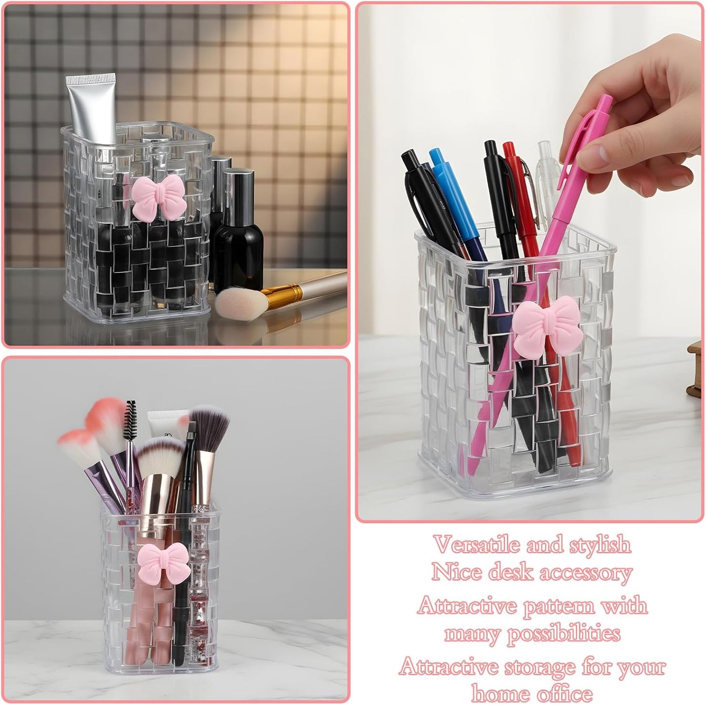 Acrylic Pen Holder for Desk, Cute Clear Makeup Brush Holders with Woven Texture and Bow, Transparent Pencil Organizer for Office Home School Cosmetic, Back To School Gift for Teachers Classmate