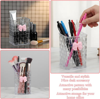 Acrylic Pen Holder for Desk, Cute Clear Makeup Brush Holders with Woven Texture and Bow, Transparent Pencil Organizer for Office Home School Cosmetic, Back To School Gift for Teachers Classmate