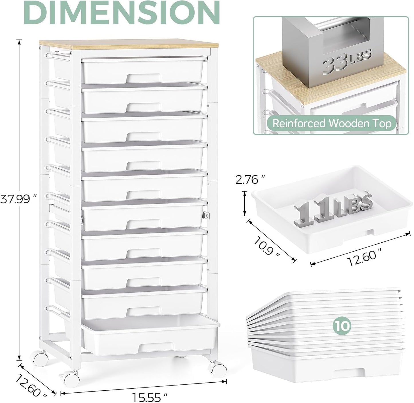 SYKIARIOL Rolling Storage Utility Cart with 6 Drawers and Wooden Tabletop for Under Desk Storage,White