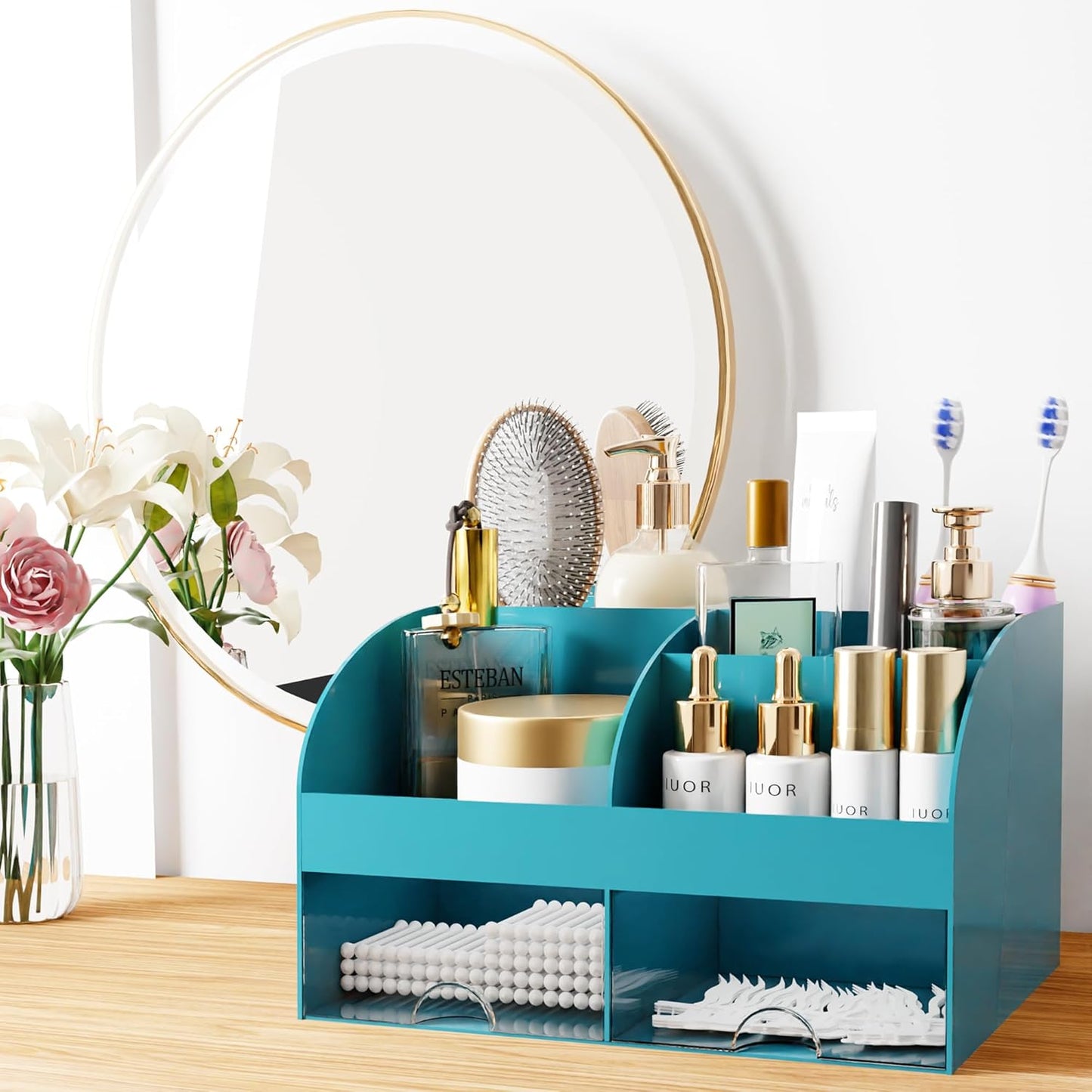 Makeup Organizer with Drawers, Cosmetic Storage for Dresser Vanity and Bathroom Countertop, Beauty Holder for Lipstick Brush, Skincare Organizer for Vanity, Cosmetic Display Case (White)