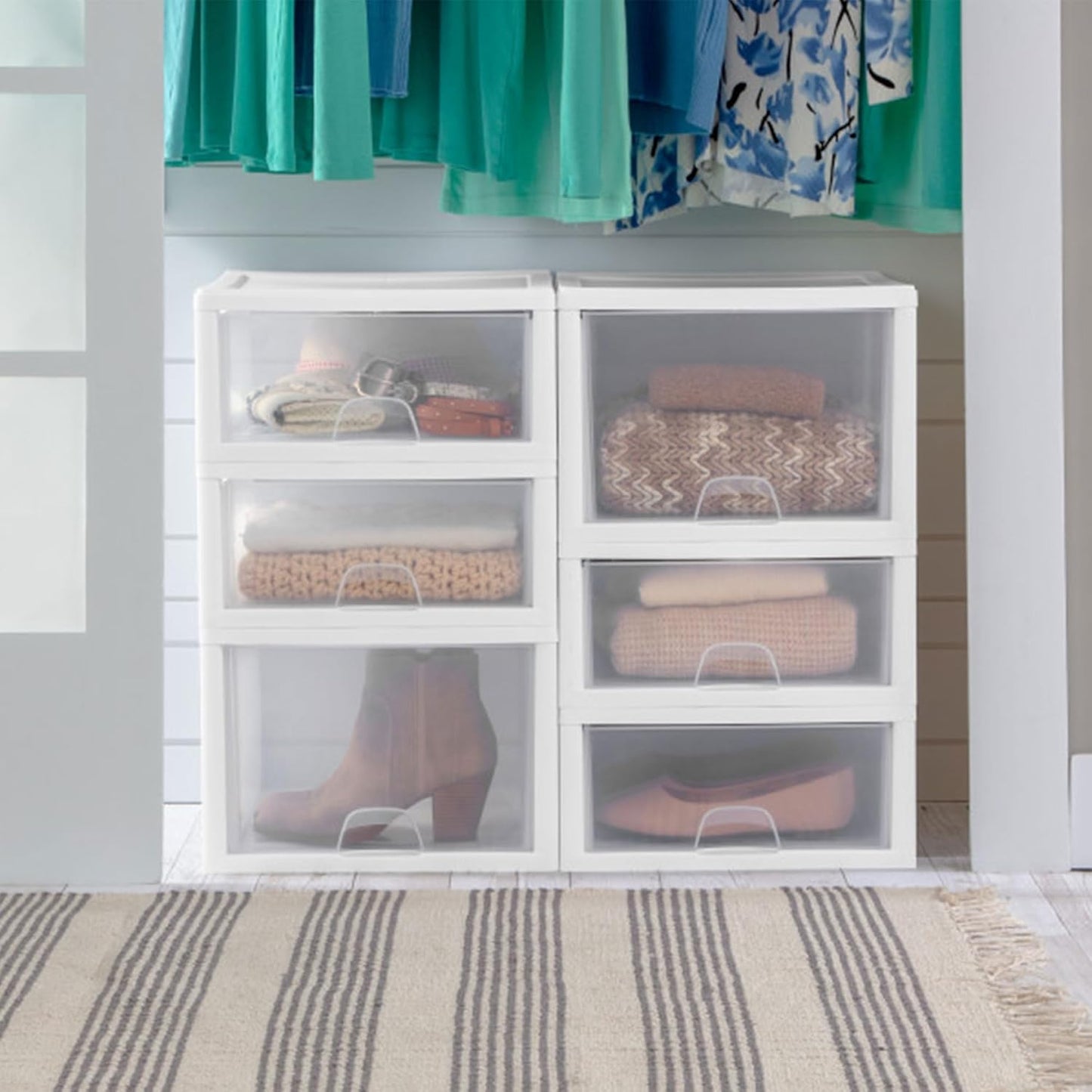 Sterilite 6-Pack 6 Quart Stacking Drawer, Clear Storage Closet Organizer, White Frame - Stackable Modular Plastic Drawers for Clothes, Accessories, Craft Supplies, Shoes or Linens