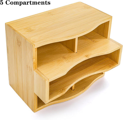 DEAYOU Bamboo Rotating Remote Caddy, 360 Degree Spinning Remote Control Holder, 5 Compartment Revolving Nightstand Bedside Table Organizer for Controller, Pen, Phone, Mail, Calculator, Office
