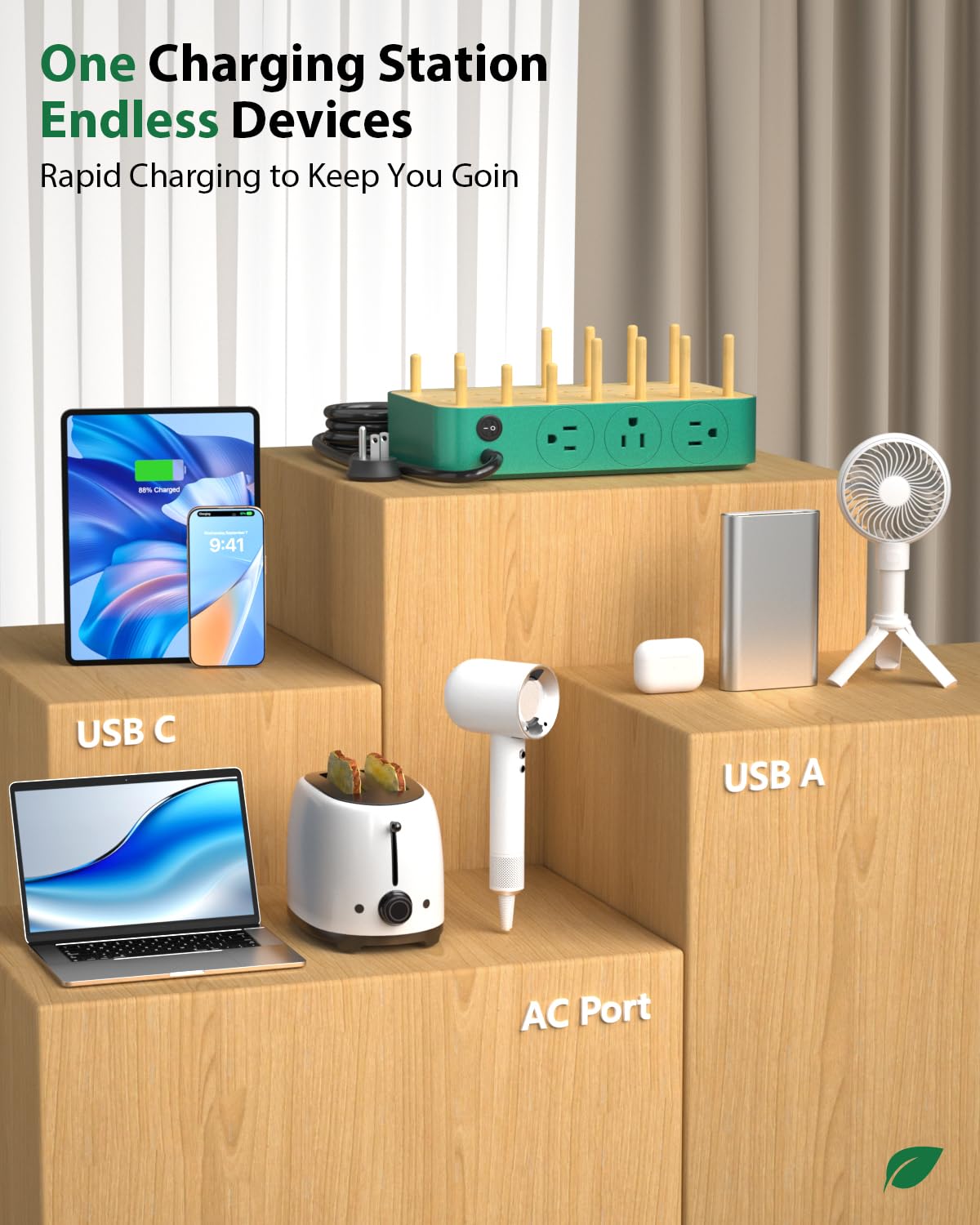 Bamboo USB-C Charging Station for Multiple Devices,60W 6 Port Charing Dock with 3 AC Outlets, 3 USB C, 3 USB A,6.6ft Power Cord for lPhone,lPad,Tablets (6 Mixed Cables Included),White